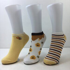 Womens Ankle Socks Set 3 Bee Beehive Print Stripes Yellow White Brown